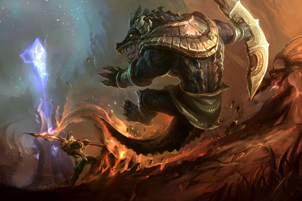 Jarvan IV and Renekton do battle in front of the League of Legends Dominion game mode Nexus.