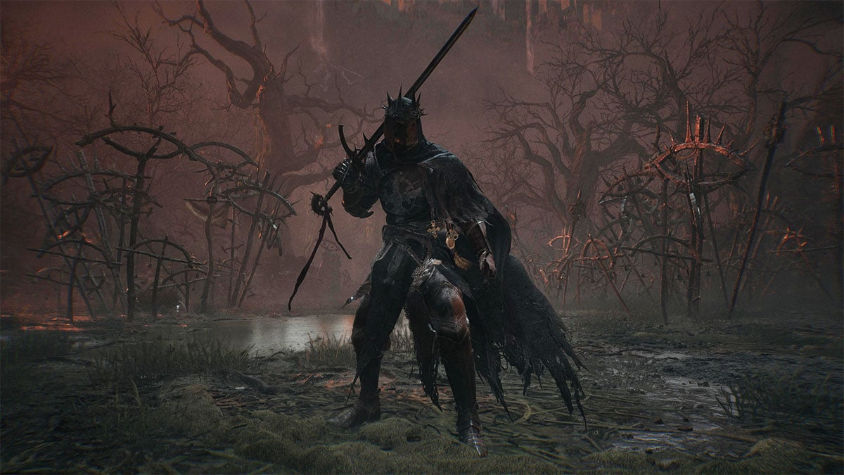 The Dark Crusader class in Lords of the Fallen clad in black armor and a greatsword