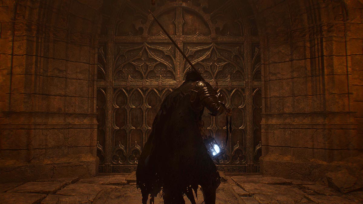 The player character facing a locked door to Skyrest Bridge in Lords of the Fallen