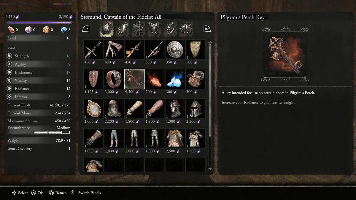 Stomund's shop inventory in Lords of the Fallen including the Pilgrim's Perch Key