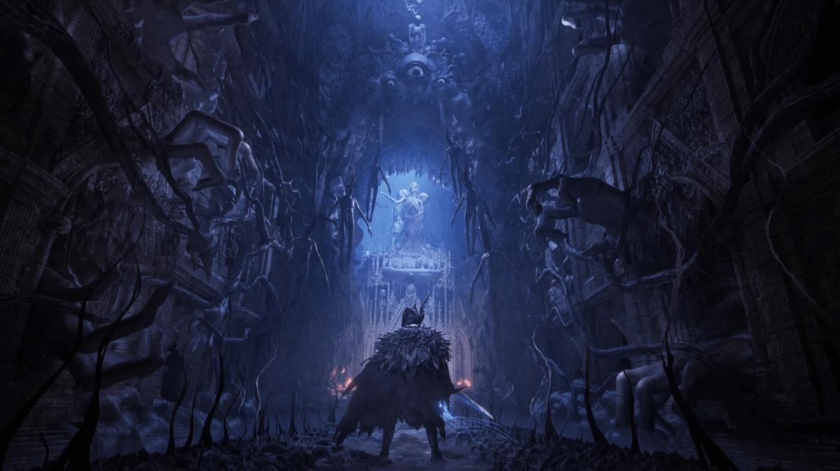 Lords of the Fallen character entering a dark hallway with creepy hands coming out of the walls and three eyes looking uopn them. At the end there is an ancient building.