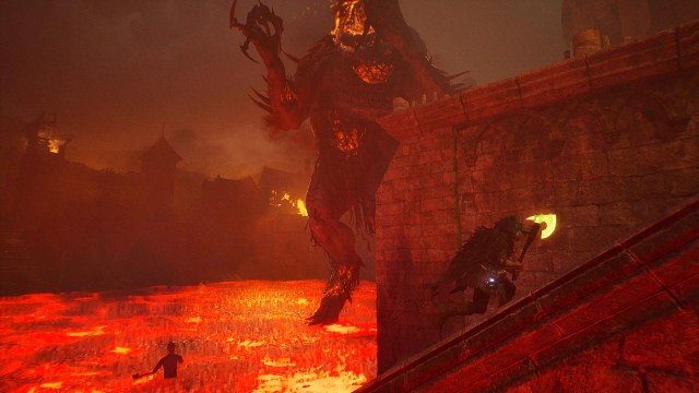 A boss in Lords of the Fallen fills the arena with lava, as the player character runs upstairs to escape
