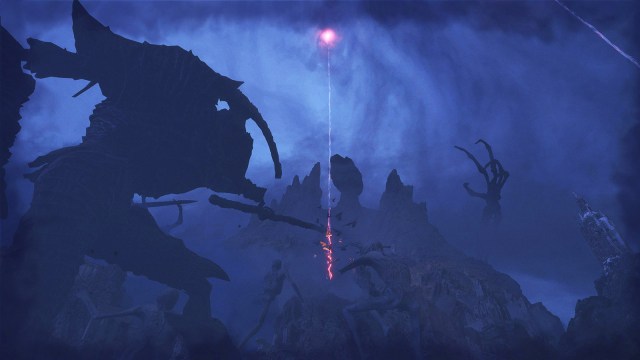 Umbral's horizon in Lords of the Fallen with giant corpses on the skyline