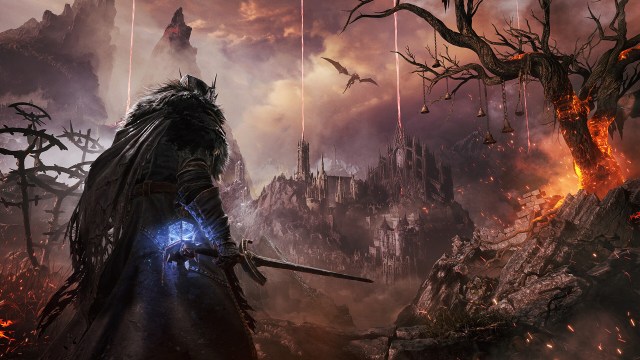 A hero overlooking a castle in Lords of the Fallen.