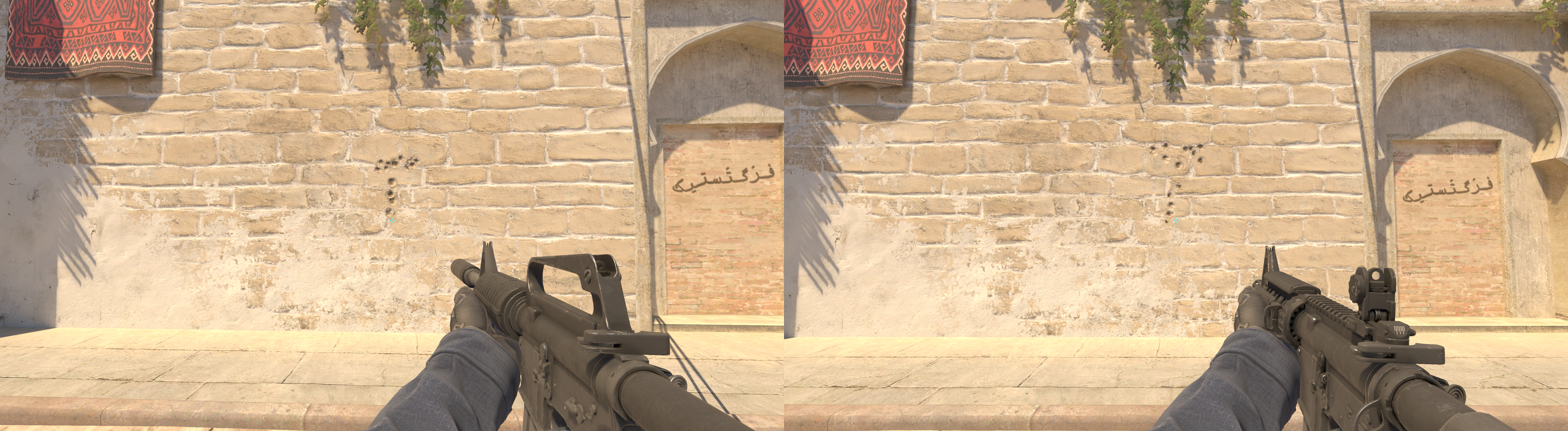 Image on the left shows the spray pattern of the M4A1-S in CS2, while the right-side image shows the spray pattern of the M4A4 in CS2.