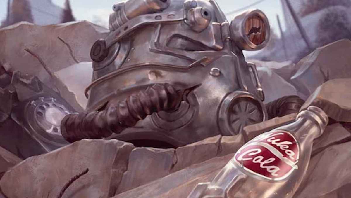 Image of helmet in rubble and cola bottle through MTG Fallout Universes Beyond Commander set Junk Token
