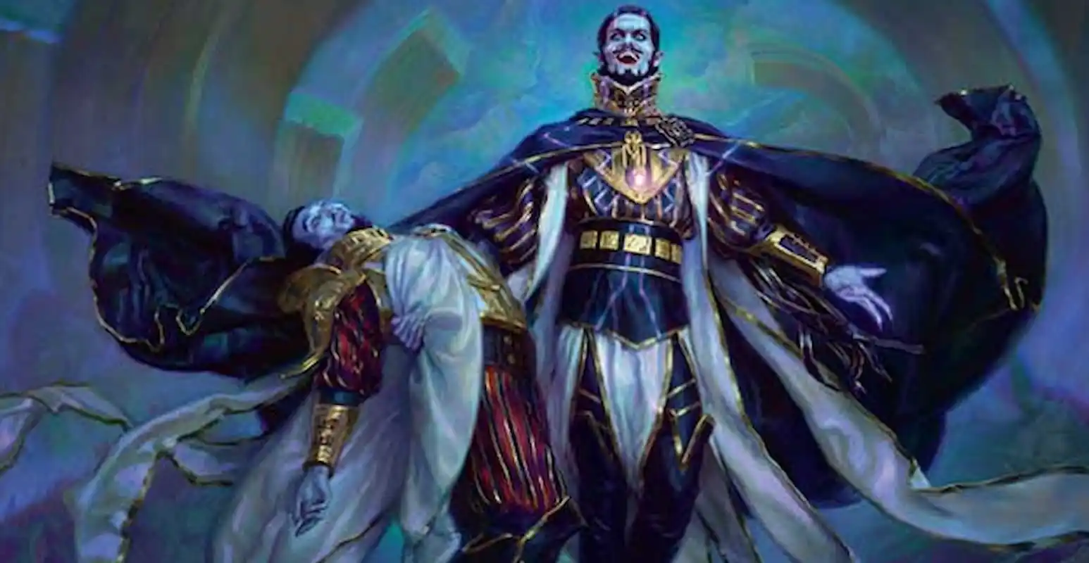 Image of Vito vampire holding a victim in arms floating above ground on MTG card in LCI set