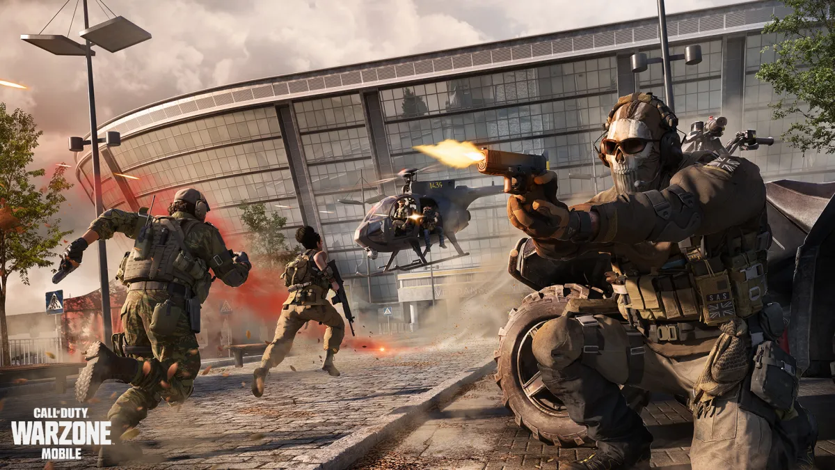 Call of Duty operators fight near the Stadium POI of Verdansk in Warzone Mobile art.
