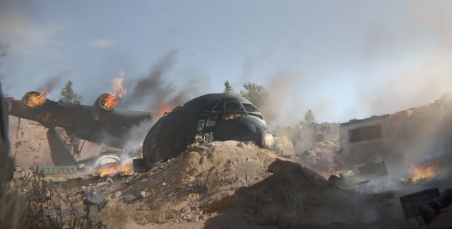 A crashed plane shown in a desert in a still image of Afghan in MW3.