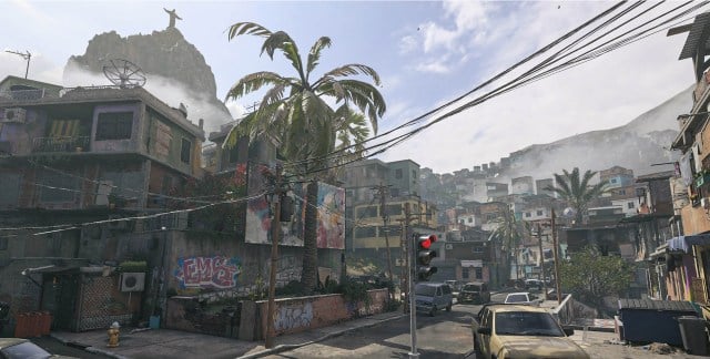 A selection of buildings in Favela in MW3 with Christ the Redeemer on a mountain behind.