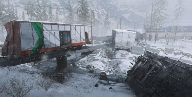 A derailed train in the snow in the Derail map in MW3.