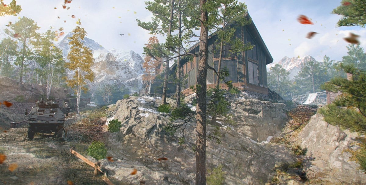 A Lodge on a hill in Autumn with leaves falling shown in Estate in MW3.