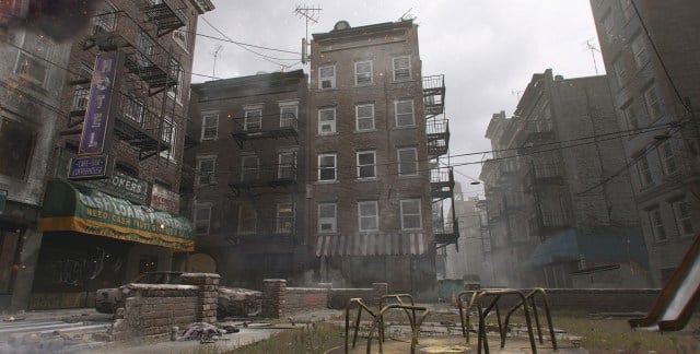 An abandoned playground in between buildings shown in Skidrow in MW3.