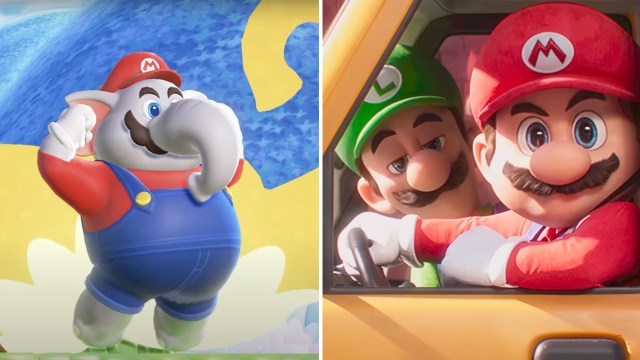 An image of Elephant Mario from Super Mario Bros. Wonder and The plumbing van from The Super Mario Bros. Movie next to each other as unlikely comparatives.
