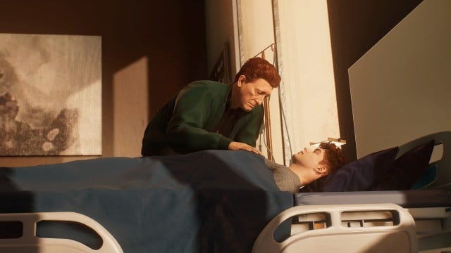 Norman Osborn looks down at his son Harry, comatose in a hospital bed in the final scenes of Spider-Man 2.