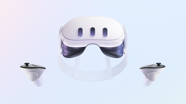 A screenshot from a promotional video showing the Meta Quest 3 headset alongside redesigned controllers.