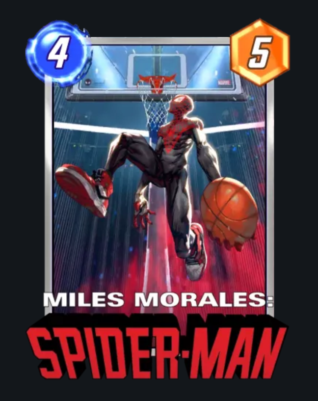 Miles Morales rearing up to dunk a basketball in his black and red suit and chuck taylor shoes