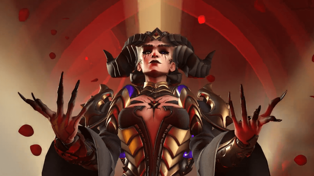 Moira stretches her hands in a demonic skin with horns that resembles Lilith from Diablo.