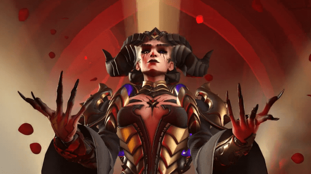 Moira stretches her hands in a demonic skin with horns that resembles Lilith from Diablo.