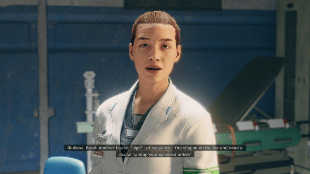 Image of a doctor in a lab coat looking straight ahead at the player.