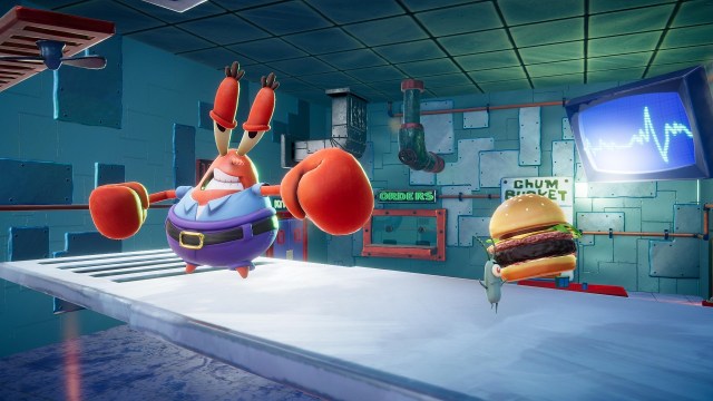 Mr Krabs throws a punch towards a krabby patty.