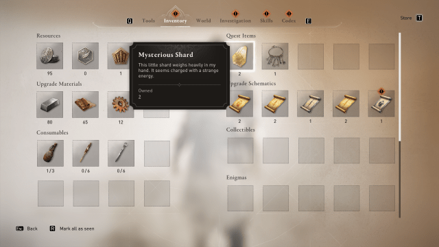 Image of the inventory in Assassin's Creed Mirage, showing the Mysterious Shard.