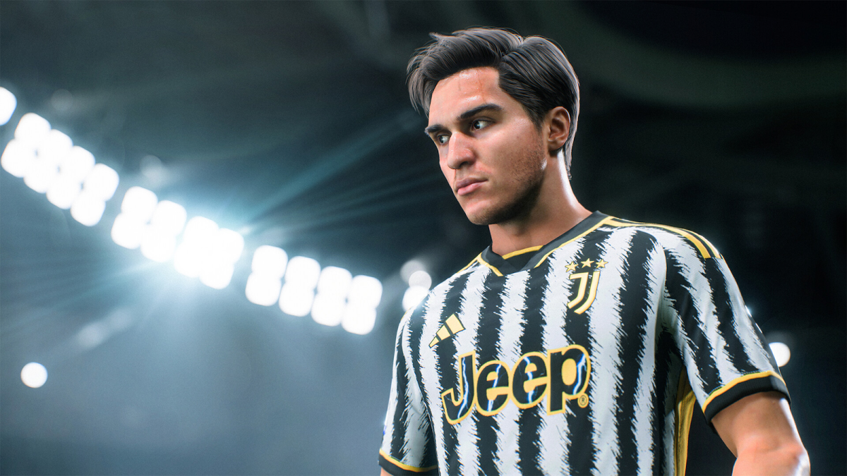 EA FC 24 Juventus player standing in a stadium at night