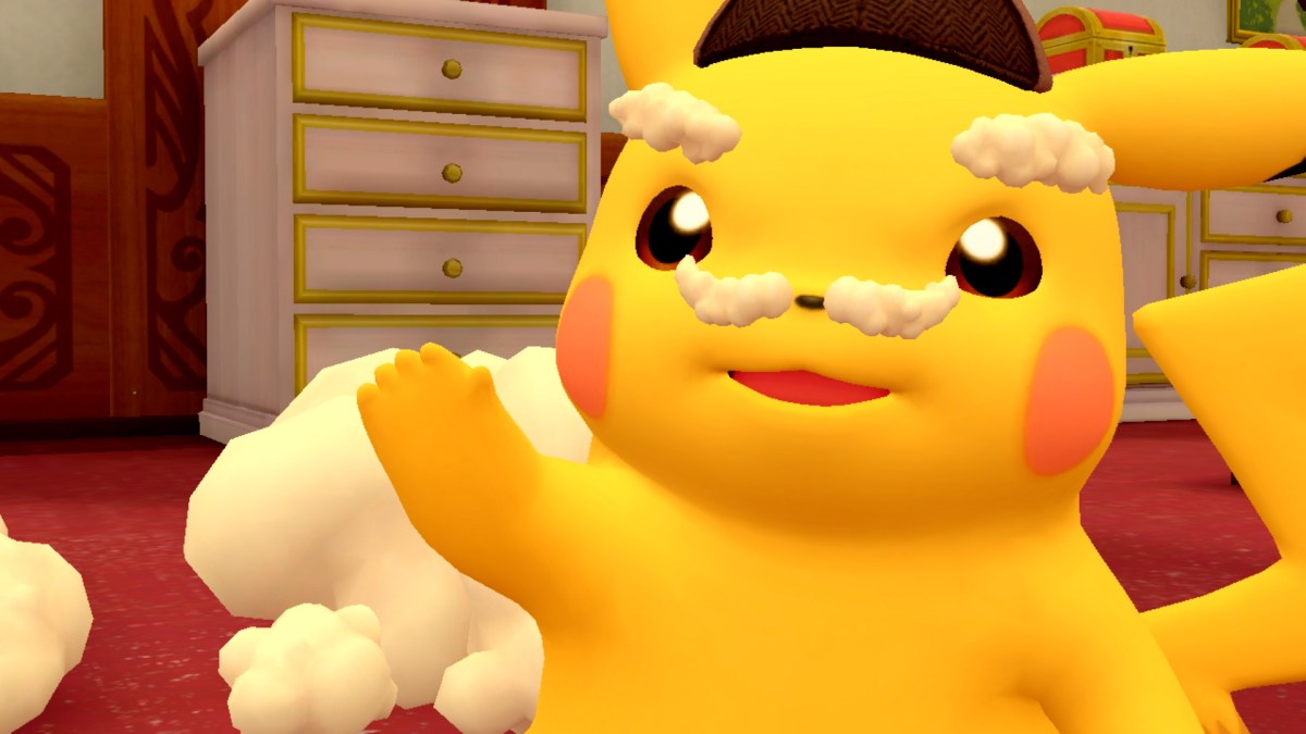 Detective Pikachu in Detective Pikachu returns with fluff used for fake eyebrows and a moustache.