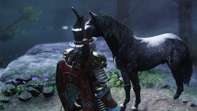 New World player standing in front of horse.