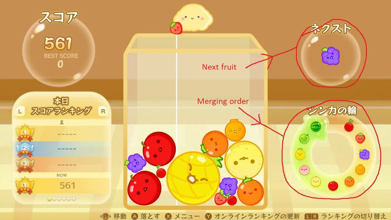 Showing where the game tells you which fruit comes next and the merging order