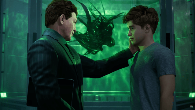 Norman and Harry Osborn talking in a secret labolatory.