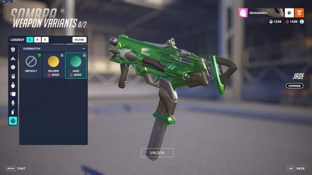 An image of a Jade gun from Overwatch 2. You can unlock Jade and Golden gun skins by earning ranked points and spending them on weapon skins.