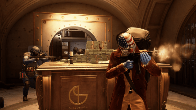 Payday 3 Vault with money and gold and a guard shooting a shotgun behind a player with an america mask