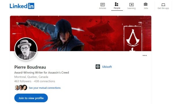 Pierre Boudreau's Linked-in profile which shows potential new protagonist to Assassin's Creed in the banner.