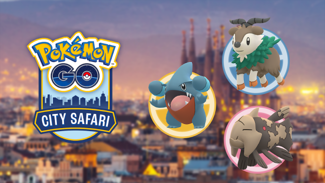 Gible, Skiddo, and Relicanth over the Barcelona skyline.