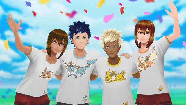 Pokemon Go players wearing different Eevee-themed shirts.