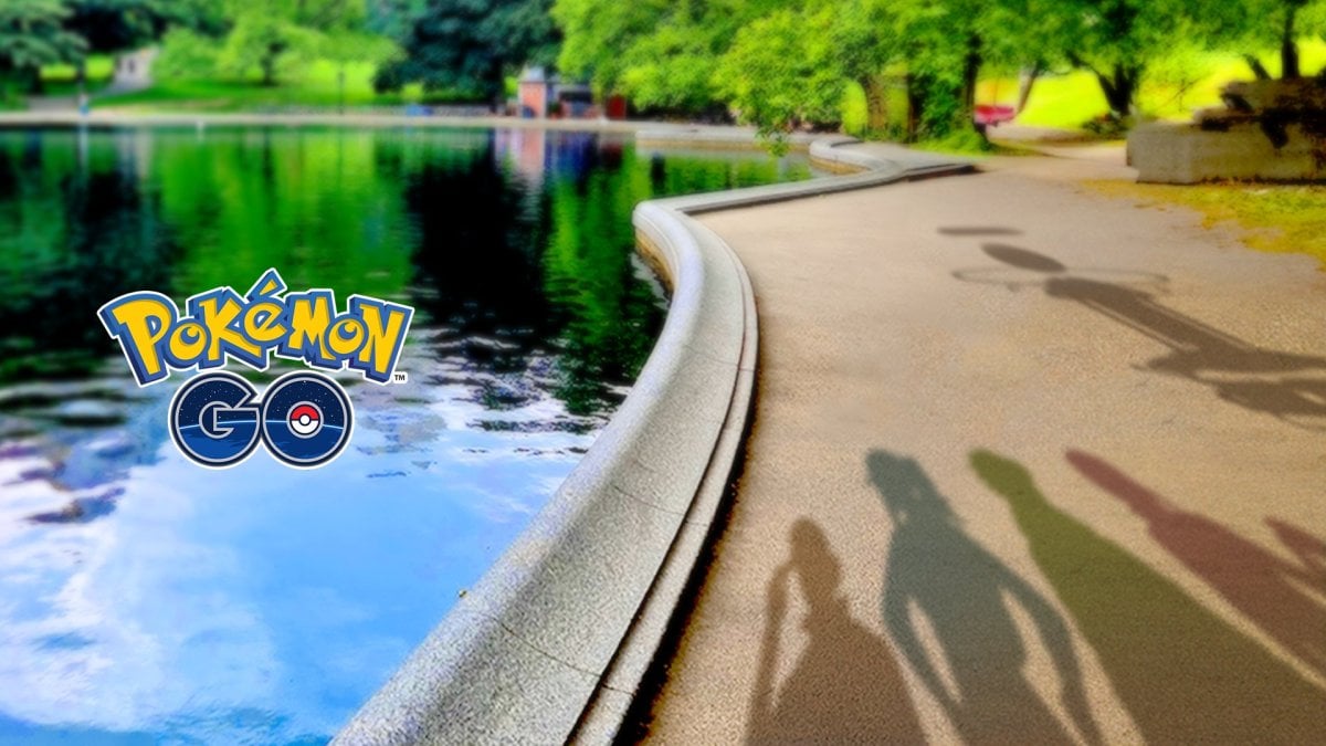 A teaser for Pokémon Go shows the shadows of four trainers and a Gym with a Raid at the top.