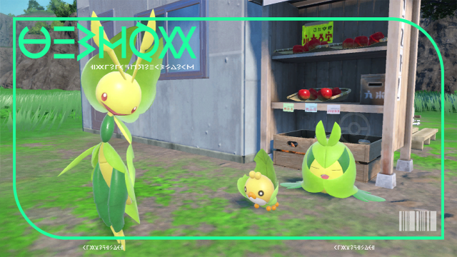 Leavanny, Sewaddle, and Swadloon in front of the Syrupy Apple stand in Pokémon Scarlet and Violet The Teal Mask DLC.