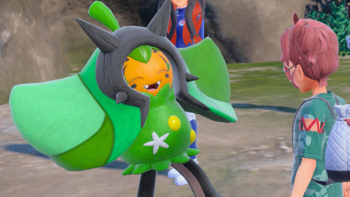 Happy Ogerpon dancing in front of the player in Pokémon Scarlet and Violet The Teal Mask DLC.