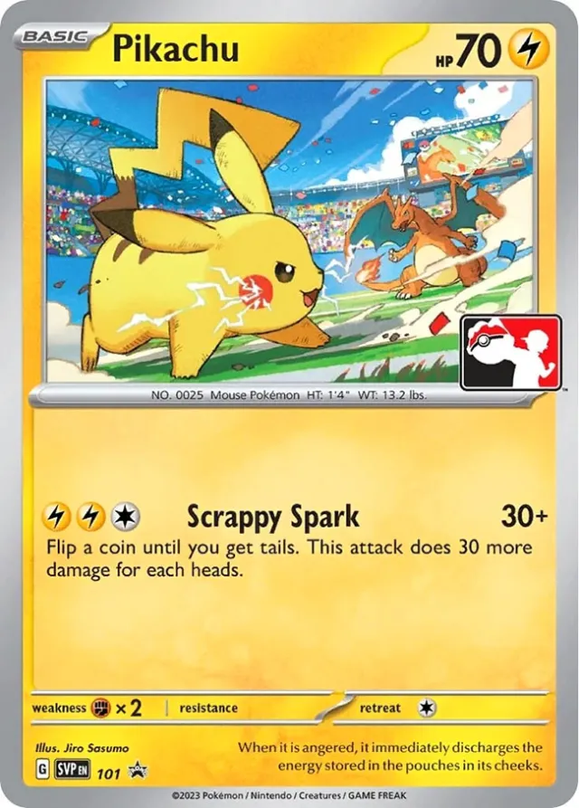 A Pikachu facing off against a Charizard in a Pokemon TCG promo. 