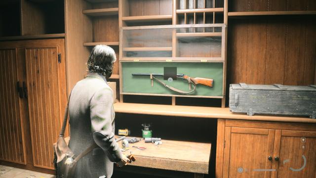 Alan Wake looks at a Double-Barreled shotgun in a gun case