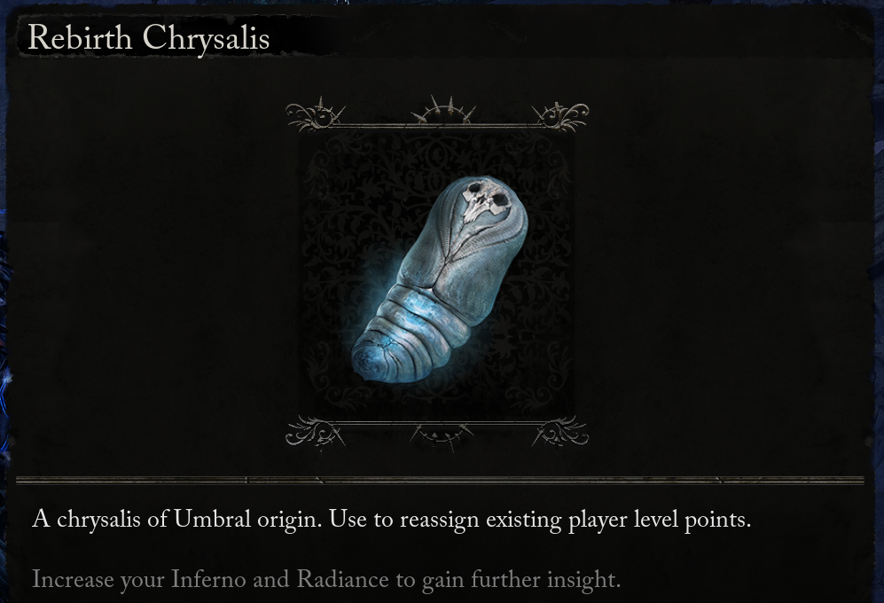 A screenshot from Lords of the Fallen showing a bluish white cocoon with a skull on it. A description of this item identifies this as the Rebirth Chrysalis.