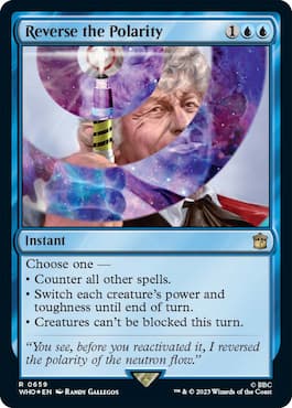 Image of The Third Doctor holding sonic screwdriver through MTG Doctor Who Reverse the Polarity Blast From the Past Commander Precon