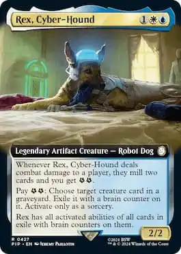 Image of dog with a different brain in its head through MTG Fallout Commander set Rex, Cyber-Hound