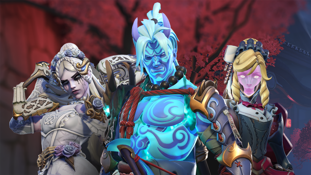 Hanzo in his new Mythic skin standing beside Widowmaker and Echo in their respective Halloween-themed skins