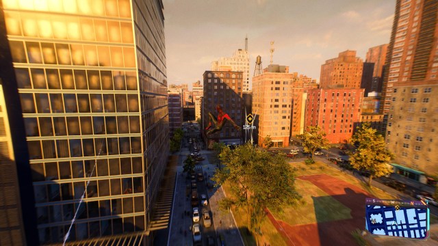 Miles swinging through New York City in Spider-Man 2.
