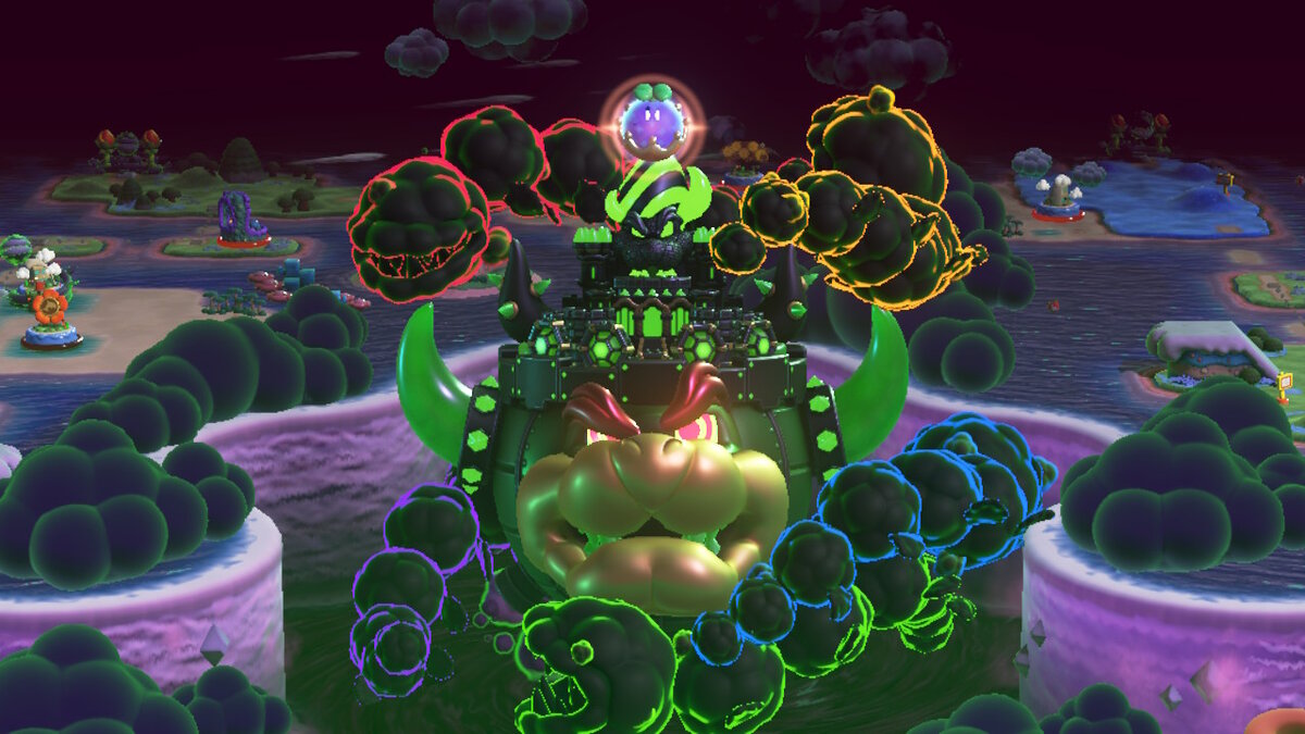 Bowser with piranha clouds in Kingdom map on Super Mario Bros. Wonder