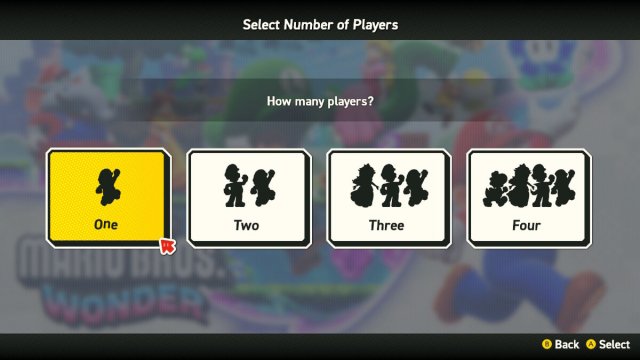 Co-op player selection in Super Mario Bros. Wonder