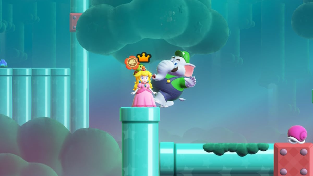 Elephant Luigi balancing on the edge of the pipe with Peach in Super Mario Bros. Wonder