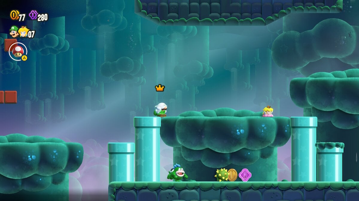 Super Mario Bros. Wonder Swamp Pipe Crawl Luigi and Peach crouched on the level